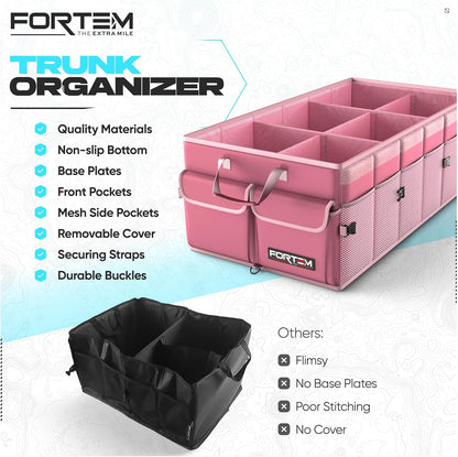 FORTEM Car Trunk Organizer, Collapsible Multi Compartment Car Organizer, Foldable SUV Storage for Car Accessories for Women Men, Non Slip Bottom, Securing Straps, Soft Cover 50L (Black, Standard)