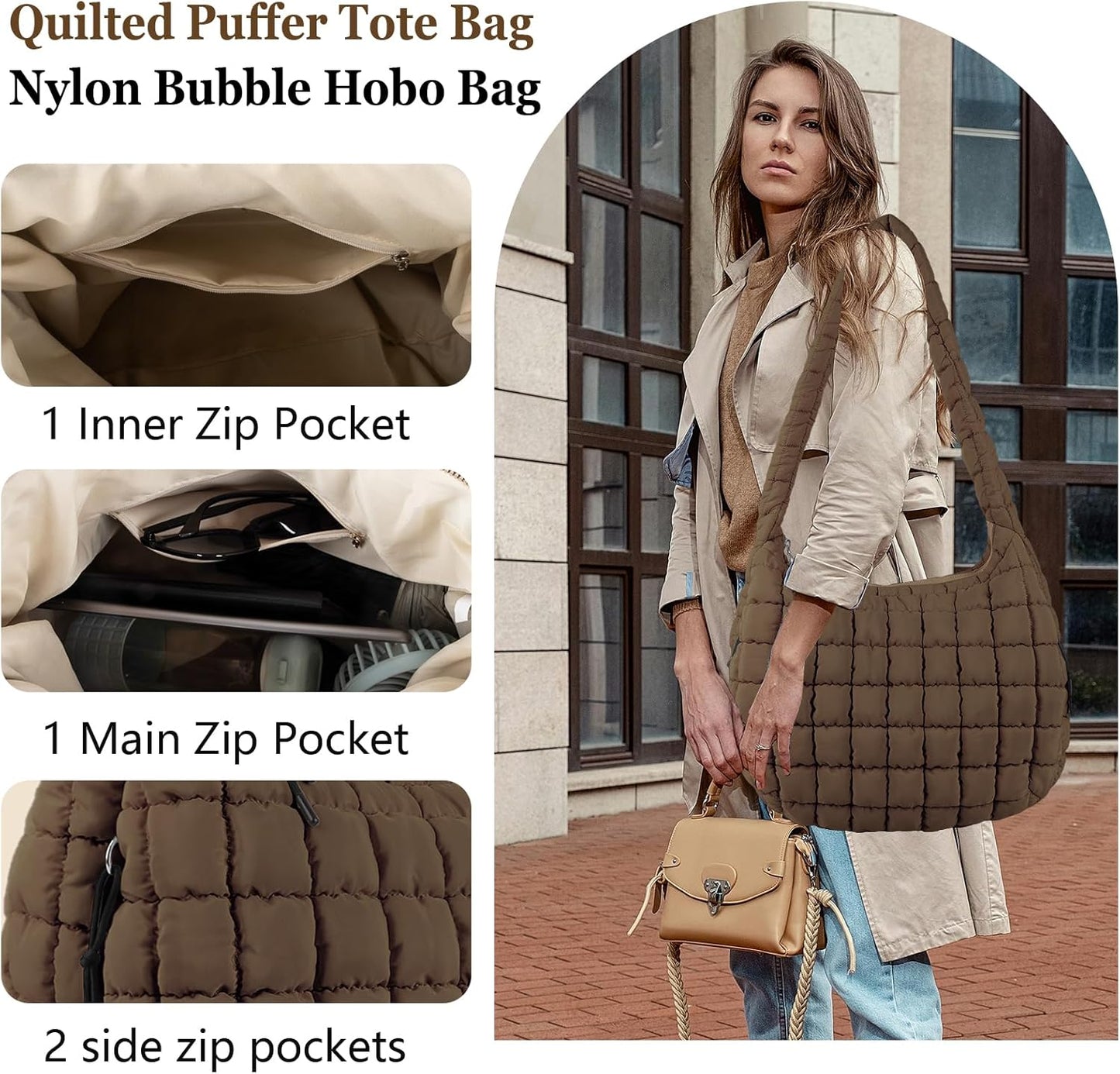 Quilted Puffer Tote Bag Large Crossbody Shoulder Bag with Zipper, Nylon Hobo Oversized Handbag
