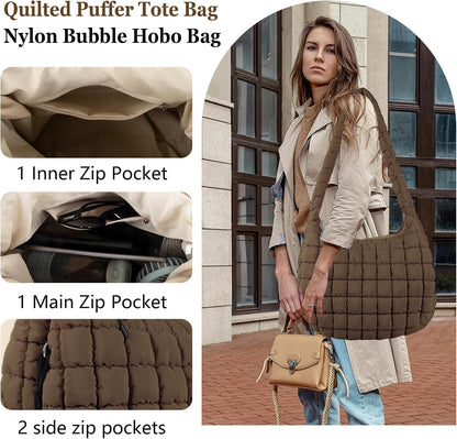 Quilted Puffer Tote Bag Large Crossbody Shoulder Bag with Zipper, Nylon Hobo Oversized Handbag