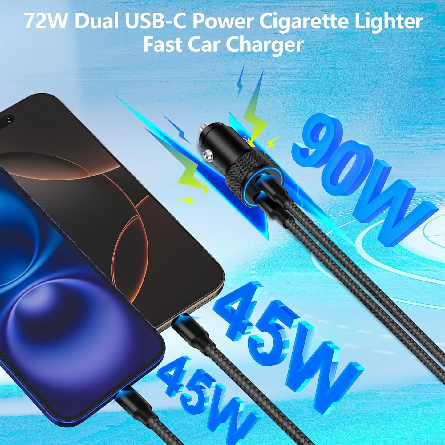 [Apple MFi Certified] iPhone 17 Car Charger, Linocell 90W USB C Car Charger Dual PD Power Cigarette Lighter Adapter with 2Pack Type C Braided Cable for iPhone 17/17 Pro Max/16/15/Galaxy S25/S24/Pixel