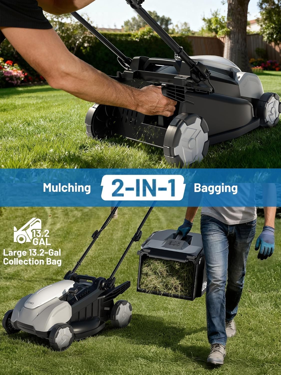 Litheli 40V Cordless Lawn Mower 16″, Brushless Motor, 6 Cutting Heights (25-75mm), 50L Bagging & Mulching, Includes 2×5.0Ah Batteries & Charger