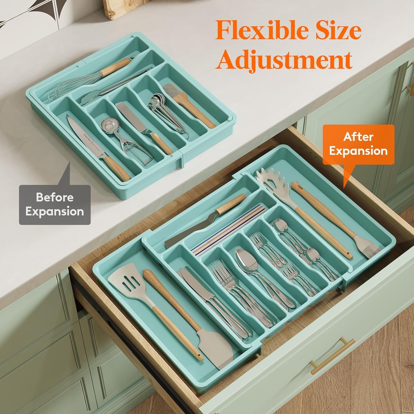 Lifewit Cutlery Organizer, Expandable Utensil Organizer for Kitchen, Utensil Holder, Adjustable Cutlery Rack Organizer for Spoons, Knives, Kitchen Organizers and Storage, Black