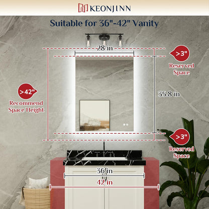 Keonjinn 40 x 32 Inch LED Bathroom Mirror with Acrylic, Backlit Mirror Anti-Fog, Lighted Bathroom Mirror for Wall, CRI90 High Definition Dimmable Large Makeup Mirror(Horizontal/Vertical)