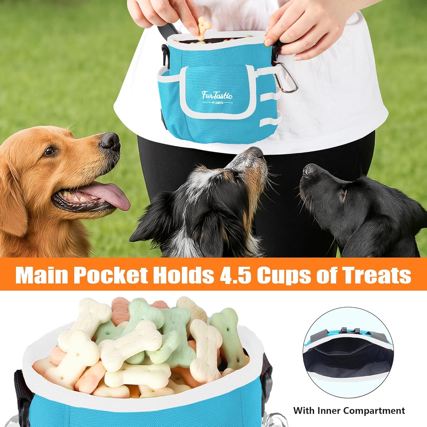 FurtasticFinds Dog Treat Pouch with Quick-Release Magnetic Closure, 3-Way Wear Treat Bags, 900D Waterproof Fabric, 4 Storage Spaces, Treat Pouch for Pet Training Walking (Grey)