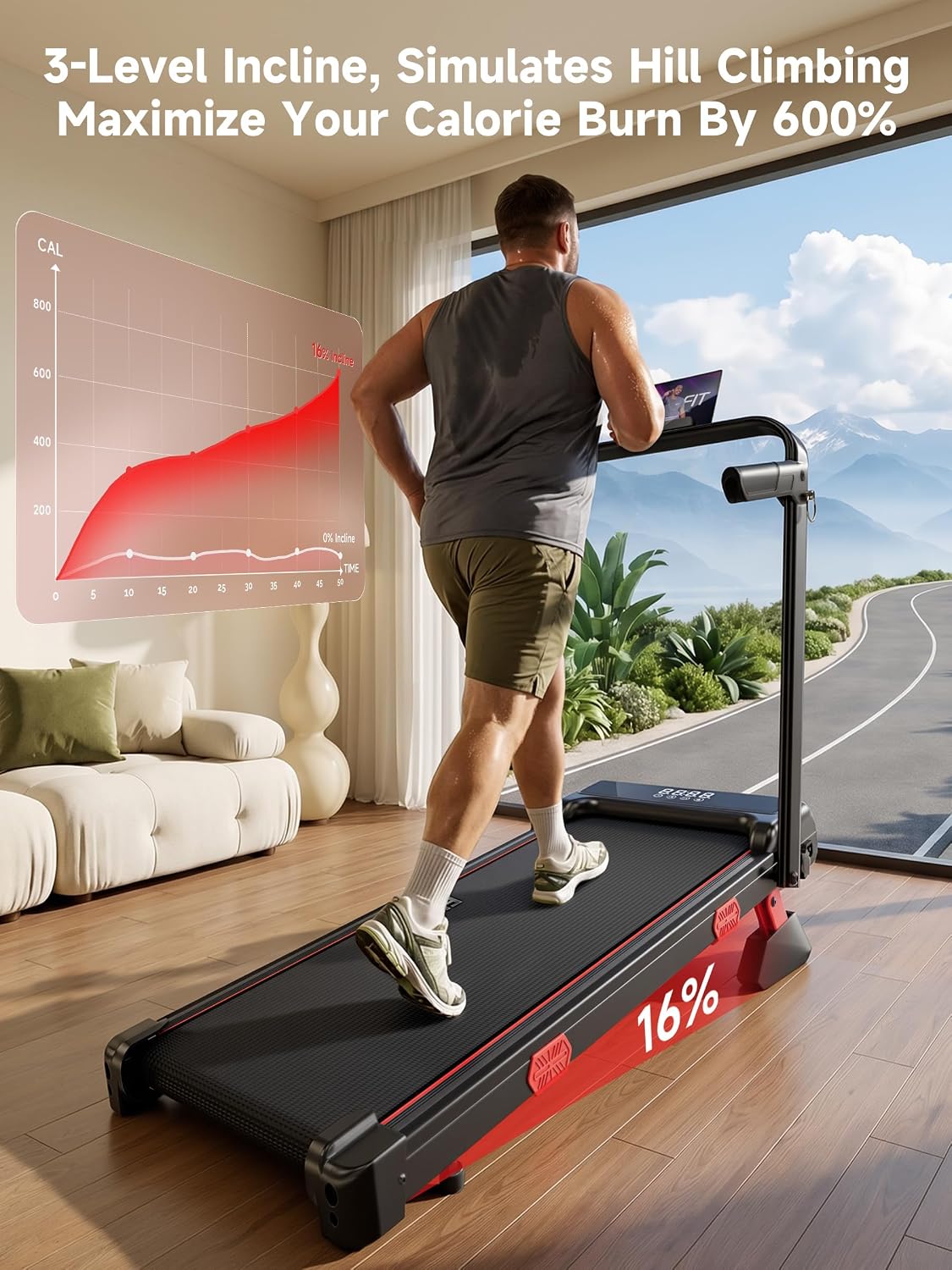 RHYTHM FUN 16% Walking Pad Treadmill with Incline, Foldable Walking Pad with Handle Bar, Compact Walking Treadmill with Low Noise for 300 lbs Weight Capacity Home Office Use