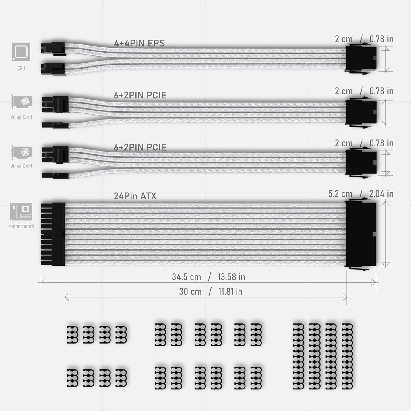 EZDIY-FAB PSU Extension Cable Sleeved Custom Mod PC Power Supply Cable, Soft Nylon Braided with Comb Kit 24PIN/8PIN to 6+2Pin/ 8PIN to 4+4PIN-30CM 300MM - All White Edition