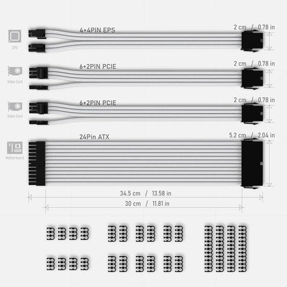 EZDIY-FAB PSU Extension Cable Sleeved Custom Mod PC Power Supply Cable, Soft Nylon Braided with Comb Kit 24PIN/8PIN to 6+2Pin/ 8PIN to 4+4PIN-30CM 300MM - All White Edition