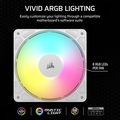 CORSAIR RS120 ARGB 120mm PWM Fan – Daisy-Chain Connection – Low-Noise – Magnetic Dome Bearing – Single Pack – White
