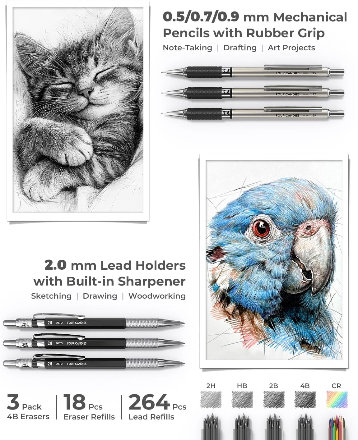 Four Candies School Supplies with Pencil Case, 45ct Black | Back to School Stationery Set, Essentials for College & Nursing Students, 6 Gel Pens, 6 Mechanical Pencils, 12 Highlighters