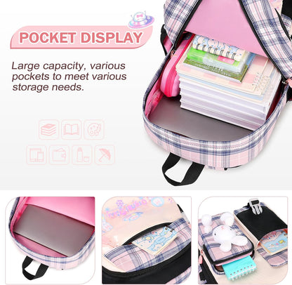 FIXITOK Girls Backpack Set, 3PCS Kids Backpack for Girls, Kawaii Bunny School Backpacks for Girl Kindergarten Elementary Preschool Middle School Bags with Lunch Box Pencil Case Aquamarine