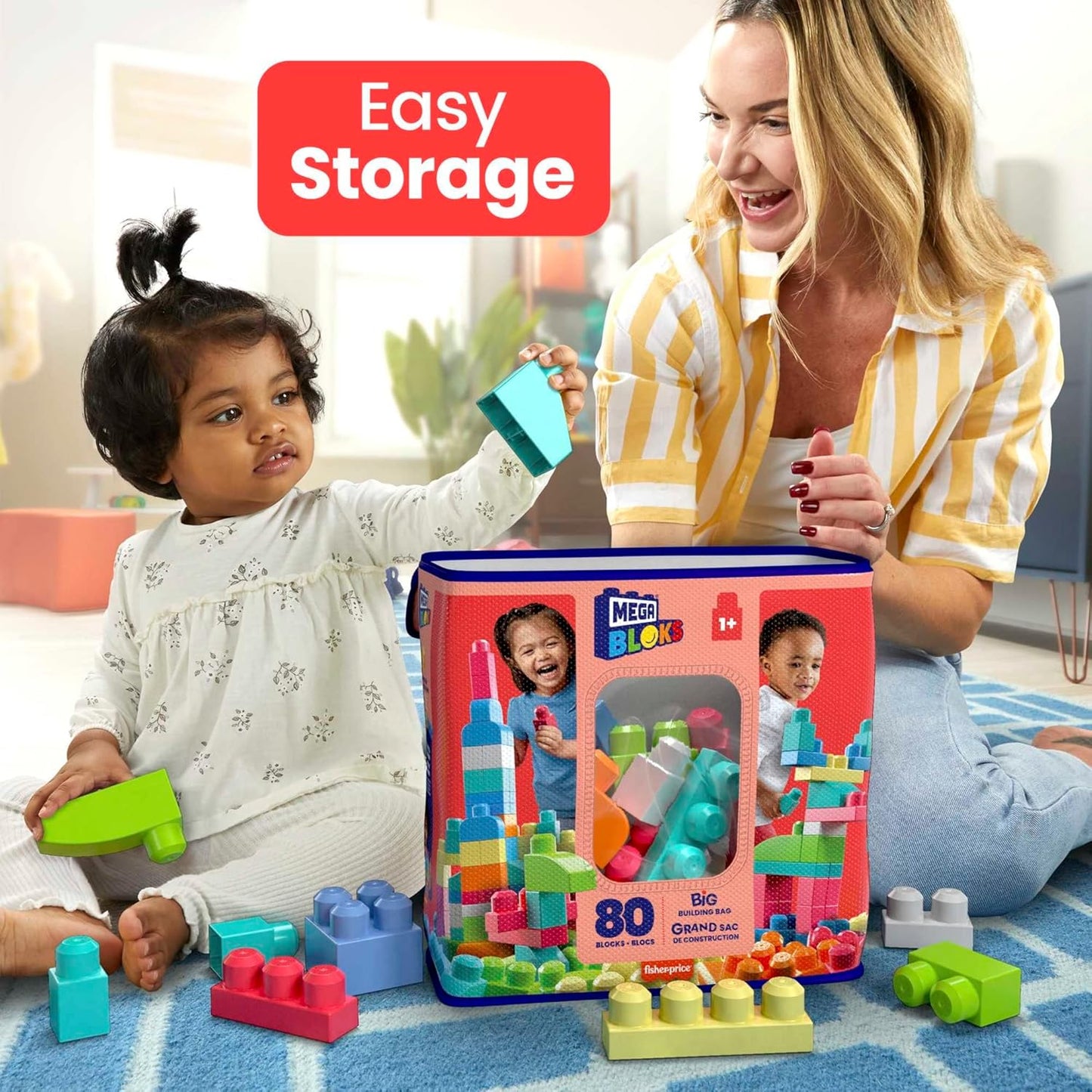 MEGA BLOKS First Builders Toddler Blocks Toys Set, Big Building Bag with 80 Pieces and Storage, Blue, Ages 1+ Years