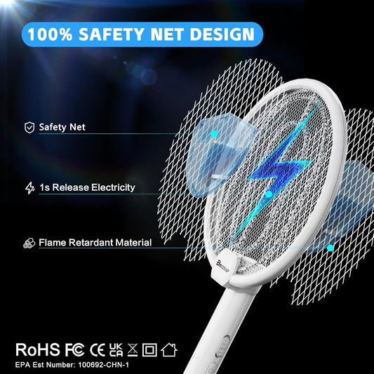 2 in 1 Electric Fly Swatter, 4000V Foldable Bug Zapper Racket, Rechargeable Mosquito Racket with UV Light Trap, Electronic fly zapper with 3 Layer Safety Mesh for Indoor and Outdoor, USB C, Dual Modes - PuriLite