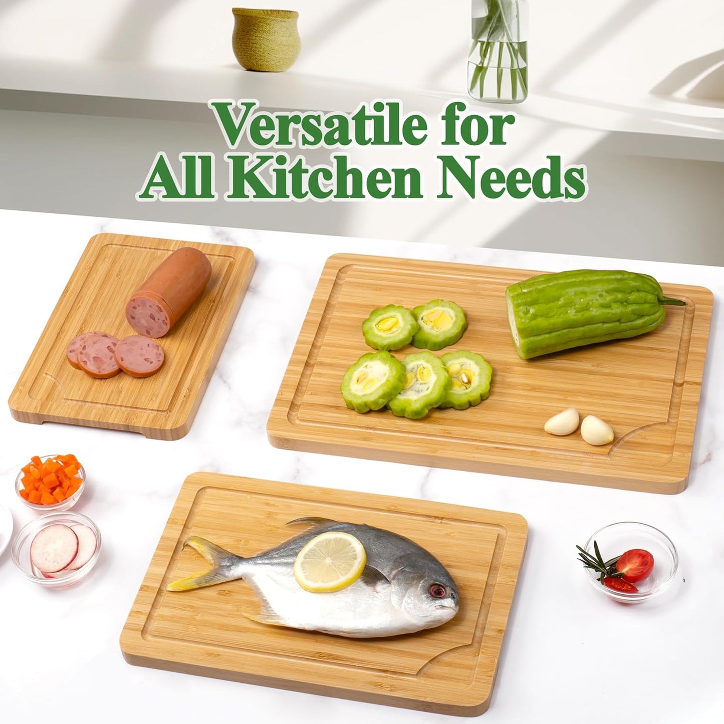 Bamboo Cutting Board for Kitchen, Bamboo Cutting Board Set of 3 with Juice Groove, Double-Sided Chopping Board Serving Board with Hanging Hole for Meat, Vegetables and Cheese