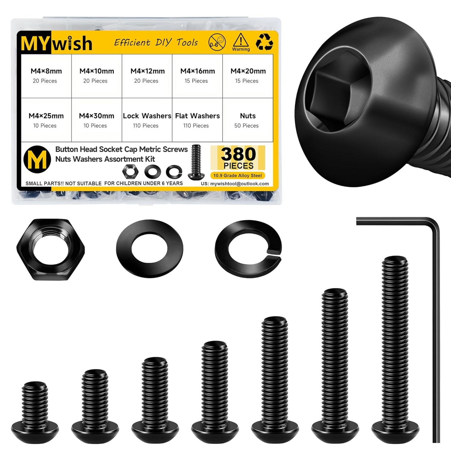 Mywish 900Pcs Metric Screw Assortment, M3 M4 M5 M6 Screw Assortment Kit 304 Stainless Steel Hex Socket Button Head Socket Cap Metric Screws Bolts & Flat Washers/Nuts/Hex Wrenches 16 Sizes 8MM to 20MM