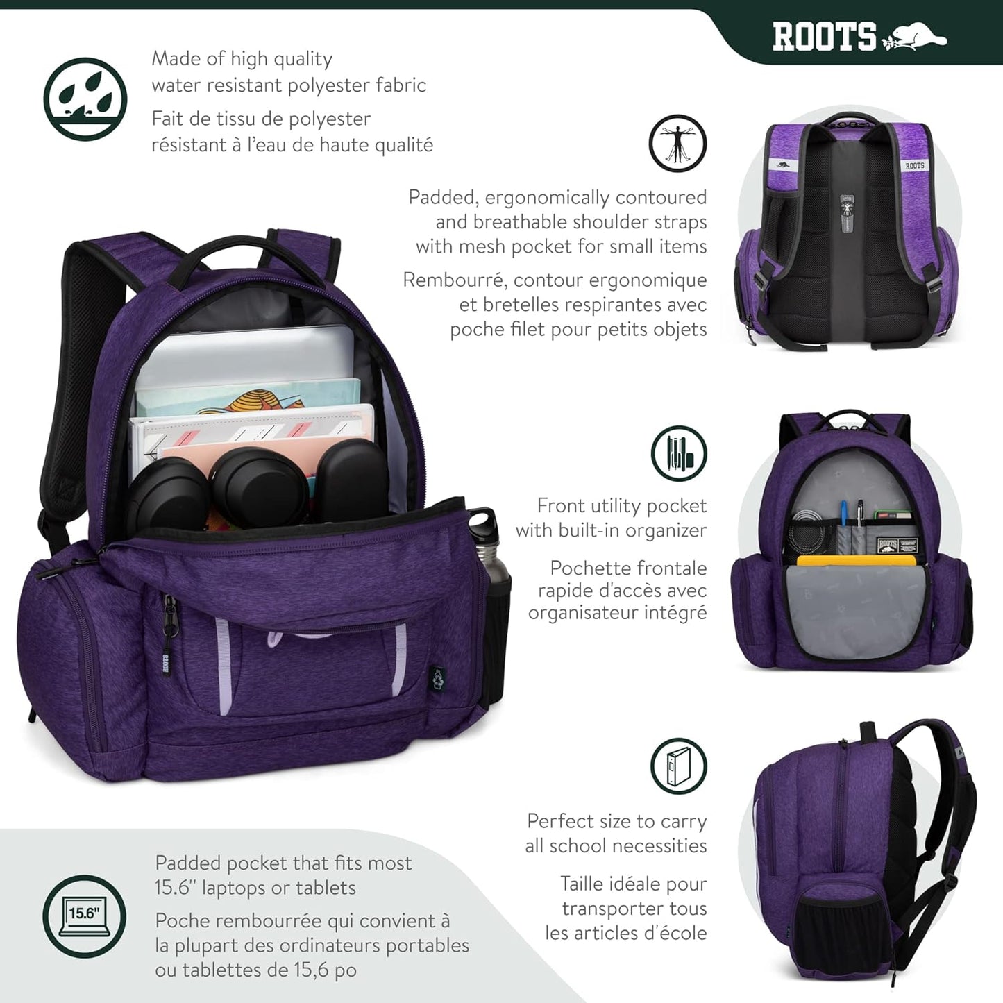 Roots Original 3-in-1 Matching Water Resistant Backpack and Lunch Bag Set with Bonus Pencil Case - Made From 100% Recycled Fabrics - 33 litres, Blue, Large