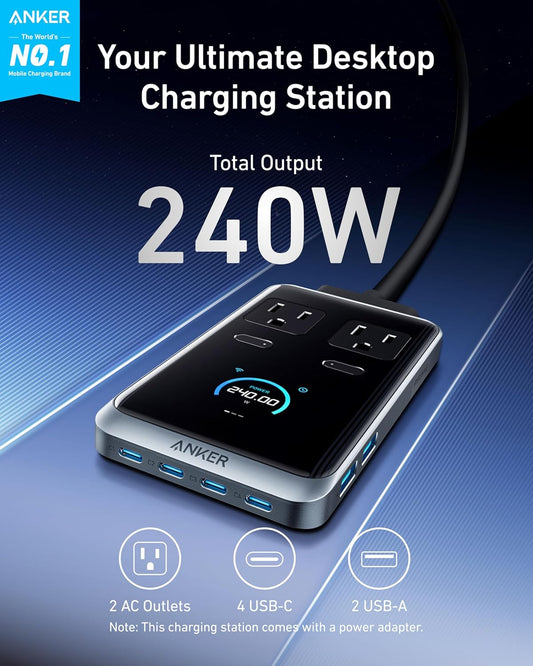 Anker Prime Charging Station, 240W 8-in-1 USB C Power Strip, 5 ft Detachable Extension Cord, 2 AC, 4 USB C, 2 USB A, for iPhone 15/14, Desktop Accessory for MacBook, Home, Office (Not for Travel) - PuriLite