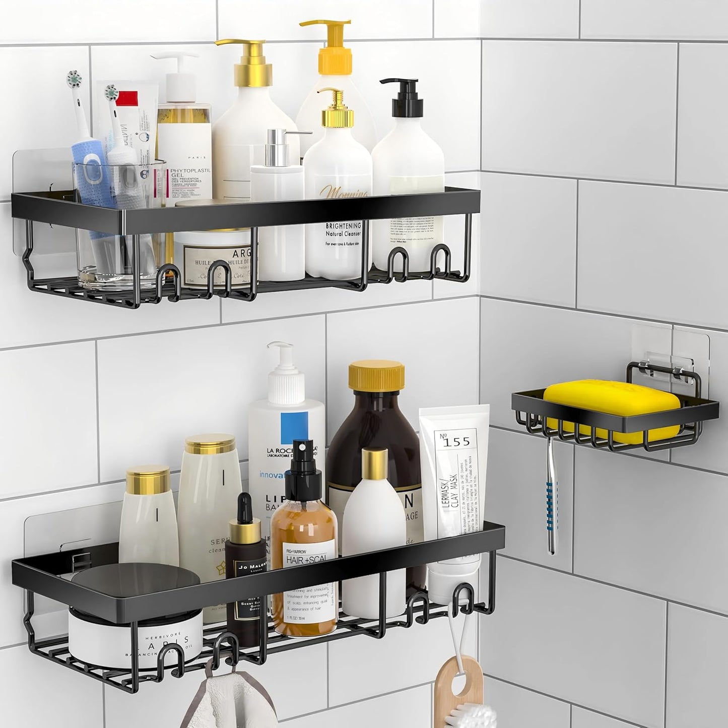 MOFOROCO 3-Pack Shower Caddy Basket Shelf with Soap Holder, No Drilling Traceless Adhesive Shower Wall Shelves, Rustproof Black Bathroom Shower Storage Organizer…