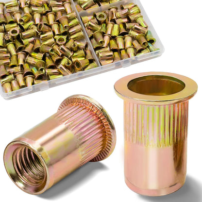 Vifmy Metric & SAE Rivet Nut Assortment Kit(420 Pcs),m3 m4 m5 m6 m8 m10 m12#6-32#8-32#10-24 1/4"-20 5/16"-18 3/8"-16 UNC Flat Head Rivnut Set,Zinc Plated Finish Carbon Steel Nutsert