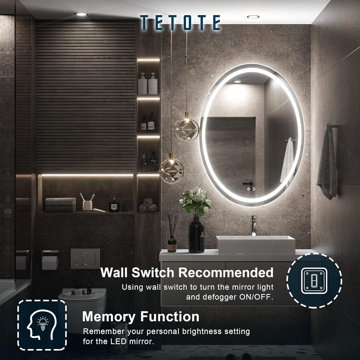 TETOTE 28 Inch Round LED Bathroom Vanity Mirror, Anti-Fog Dimmable Lights IP54 Waterproof Circle Makeup Wall Mounted Mirror