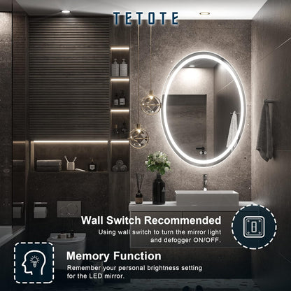 TETOTE 28 Inch Round LED Bathroom Vanity Mirror, Anti-Fog Dimmable Lights IP54 Waterproof Circle Makeup Wall Mounted Mirror