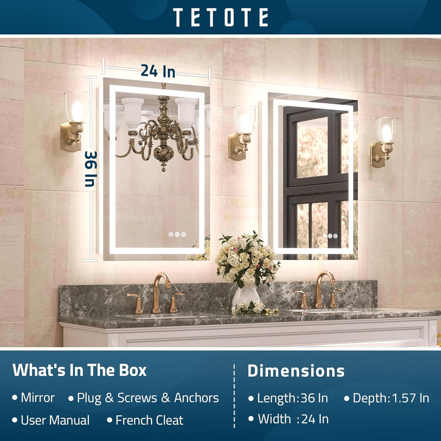 TETOTE LED Bathroom Mirror 20x28 Frontlit & Backlit Lighted Vanity Mirror Anti Fog Stepless Dimmable 3 Colors White/Warm/Natural,Double Lights,Wall-Mounted(Horizontal/Vertical)