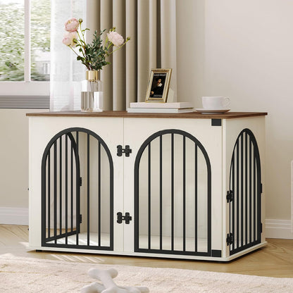 Hzuaneri 100 cm Wooden Dog Crate Furniture, Indoor Dog Kennel Dogs Cage for Small/Medium/Large Dogs, Heavy Duty Dog Crates Decorative Pet House End Side Table TV Stand, White Brown DFC84114B