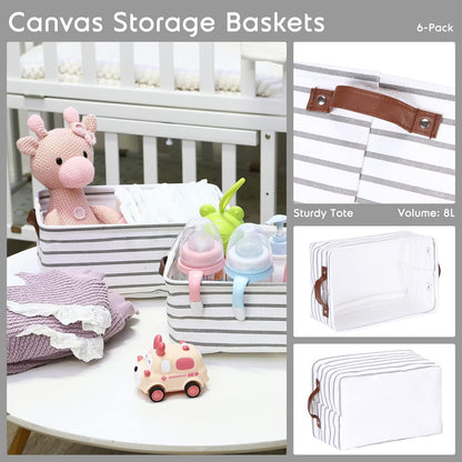 Hinwo 6-Pack Small Canvas Fabric Storage Baskets Set with Handles, Open Storage Bins, Cube Storage Organizer, Shelf Organizer Bins for Closet, 7.9L, 12 x 8 x 5 Inches, Grey Stripe