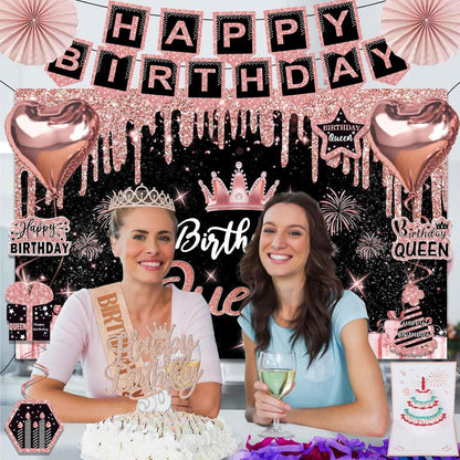 40th Birthday Decorations for Women,32pcs 40th Birthday Party Decorations,Including Backdrop, Crown,Sash,banner, Hanging Swirl,Cake Topper,balloons,Paper Fans,Anniversary Card and paper fans
