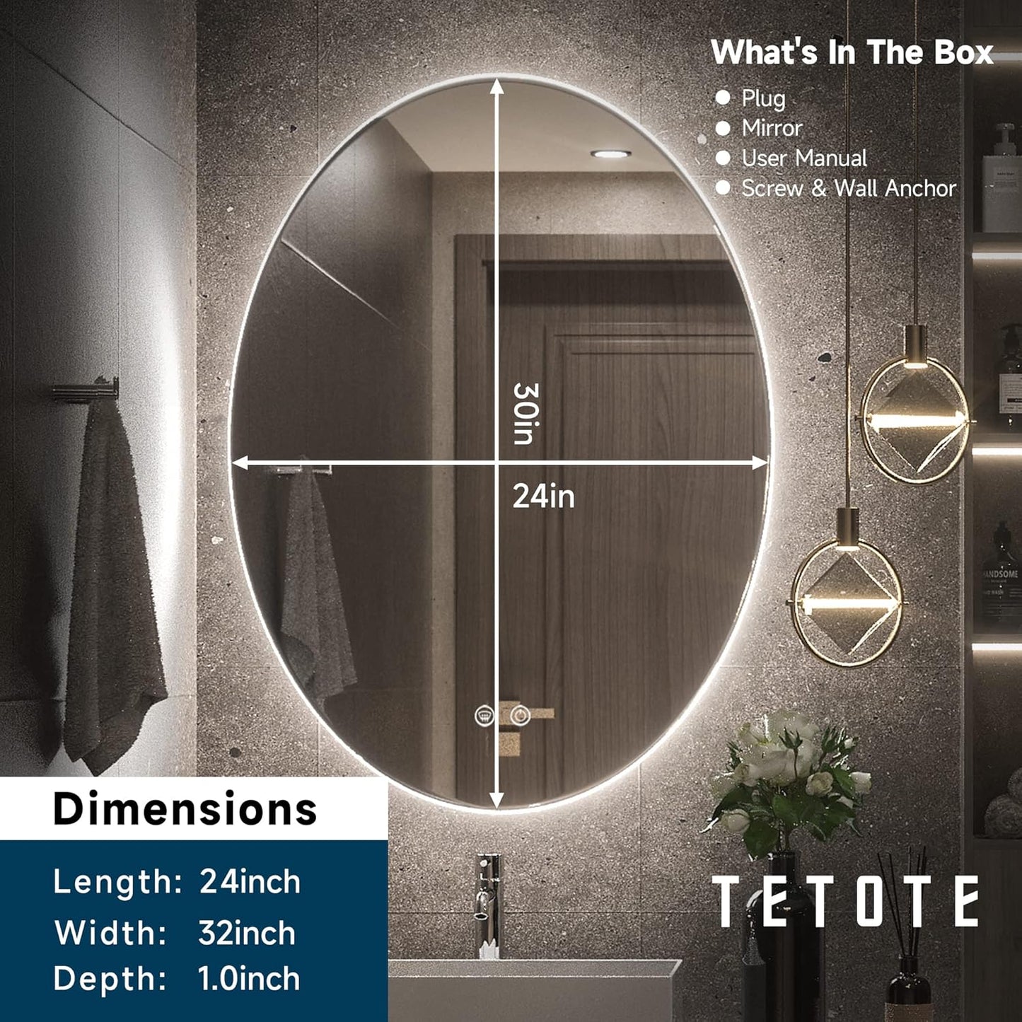 TETOTE 28 Inch Round LED Bathroom Vanity Mirror, Anti-Fog Dimmable Lights IP54 Waterproof Circle Makeup Wall Mounted Mirror