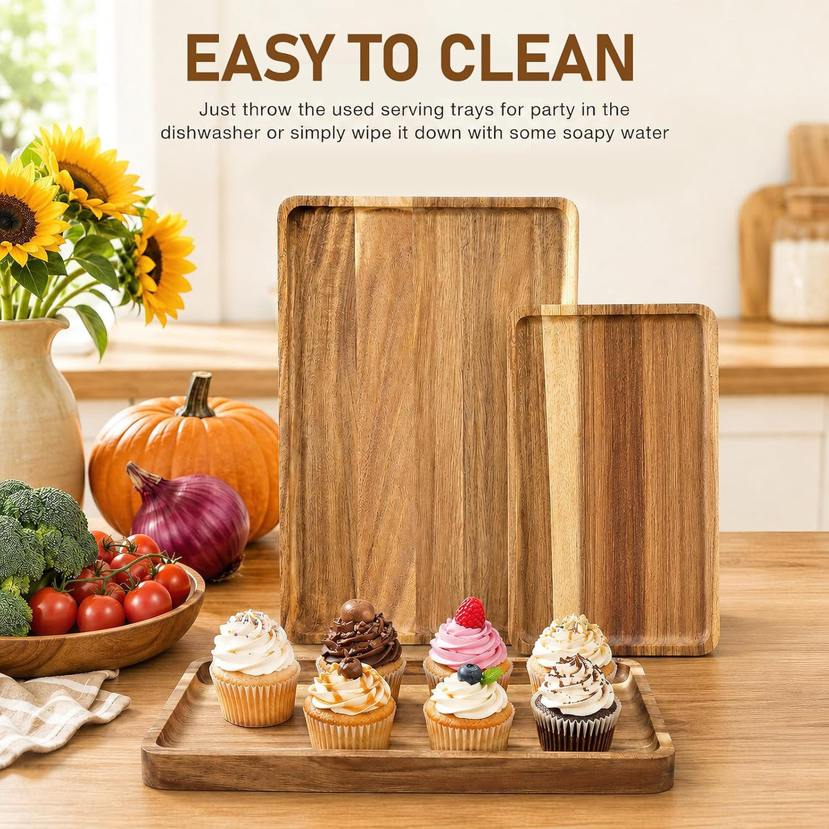 6 Pack Acacia Wood Serving Trays, Wooden Serving Platters in 3 Sizes, Rectangular Wood Food Trays for Bread Fruit Dessert Snack Coffee Table Countertop Kitchen Serving Board