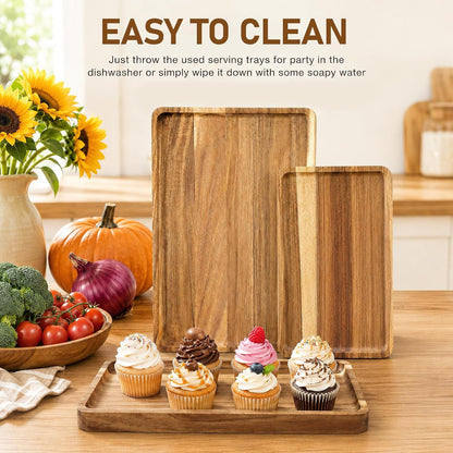 6 Pack Acacia Wood Serving Trays, Wooden Serving Platters in 3 Sizes, Rectangular Wood Food Trays for Bread Fruit Dessert Snack Coffee Table Countertop Kitchen Serving Board