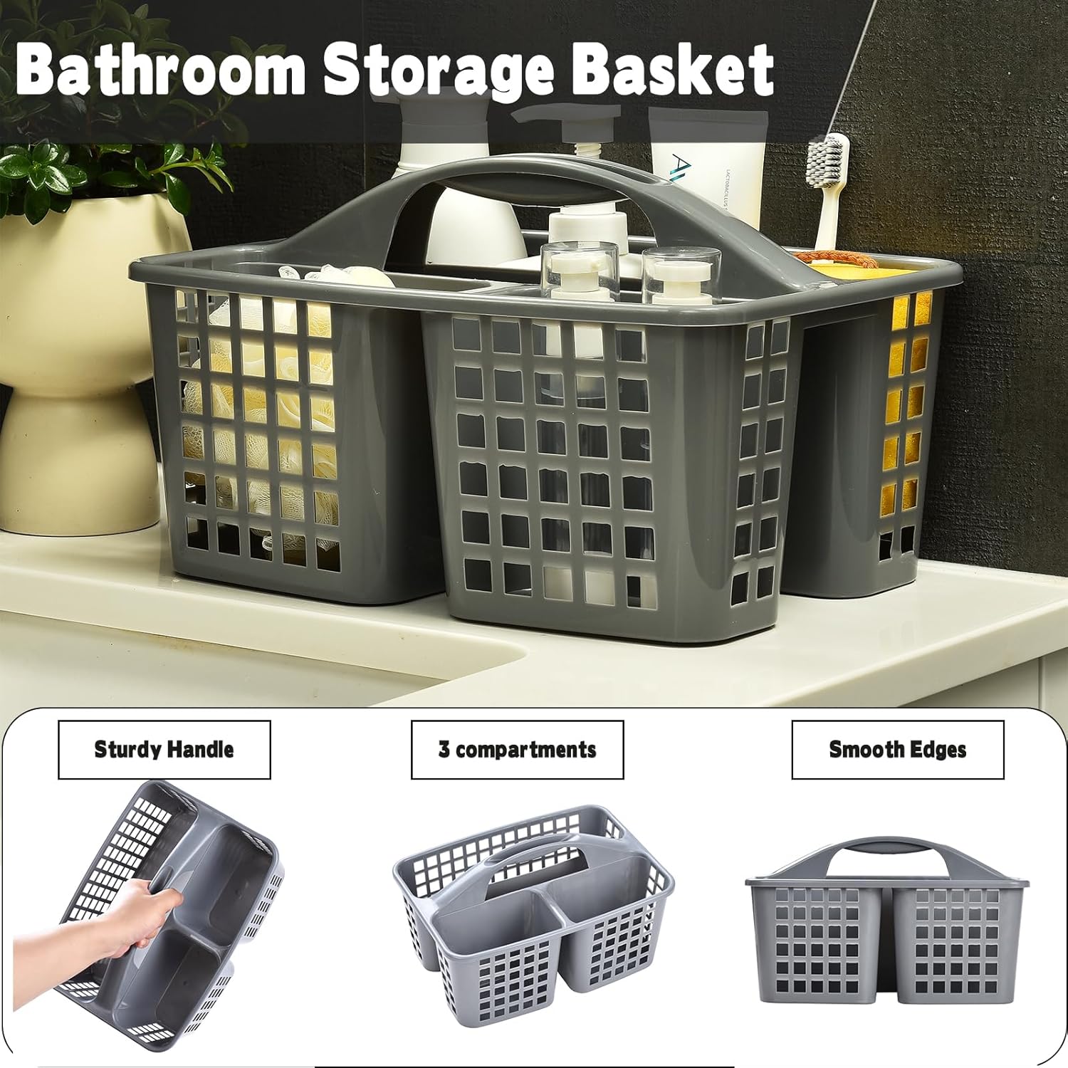 Plastic Shower Caddy Basket with Handle, 3 Compartment Portable Bathroom and Cleaning Supply Organizer, Dark Grey - PuriLite