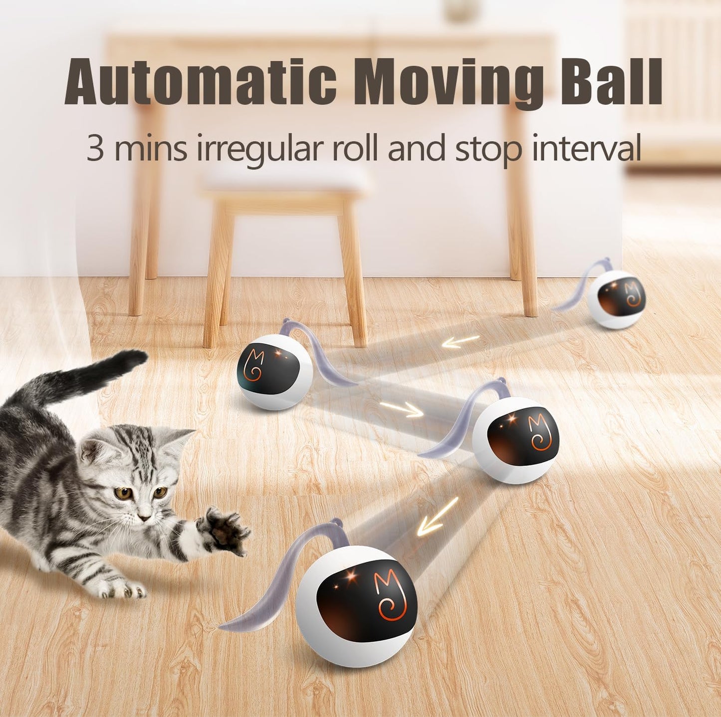Migipaws Interactive Cat Ball Toy – Motion-Activated Chase Ball with Fluffy Tail & Small Mice, Automatic Rolling, Rechargeable, Fun Indoor Entertainment for Cats, White - PuriLite