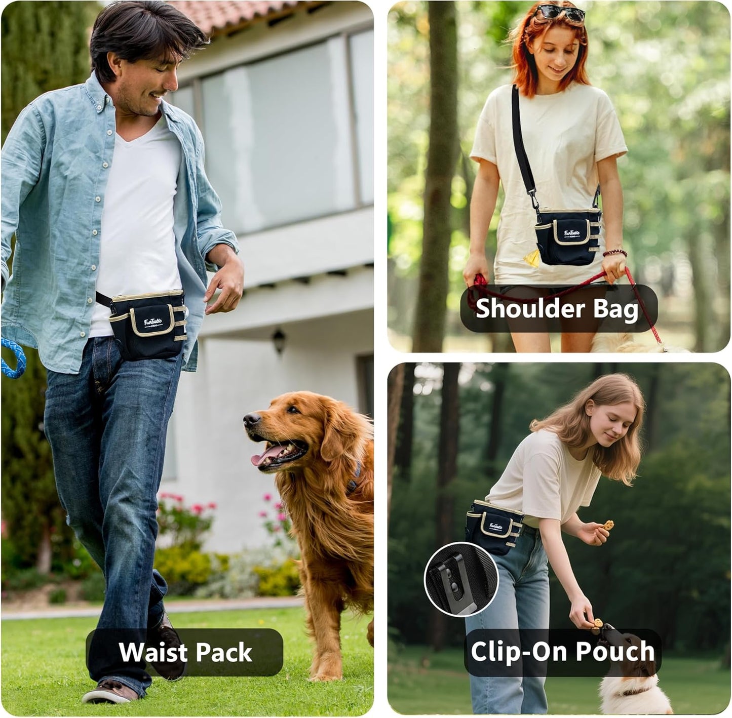 FurtasticFinds Dog Treat Pouch with Quick-Release Magnetic Closure, 3-Way Wear Treat Bags, 900D Waterproof Fabric, 4 Storage Spaces, Treat Pouch for Pet Training Walking (Grey)