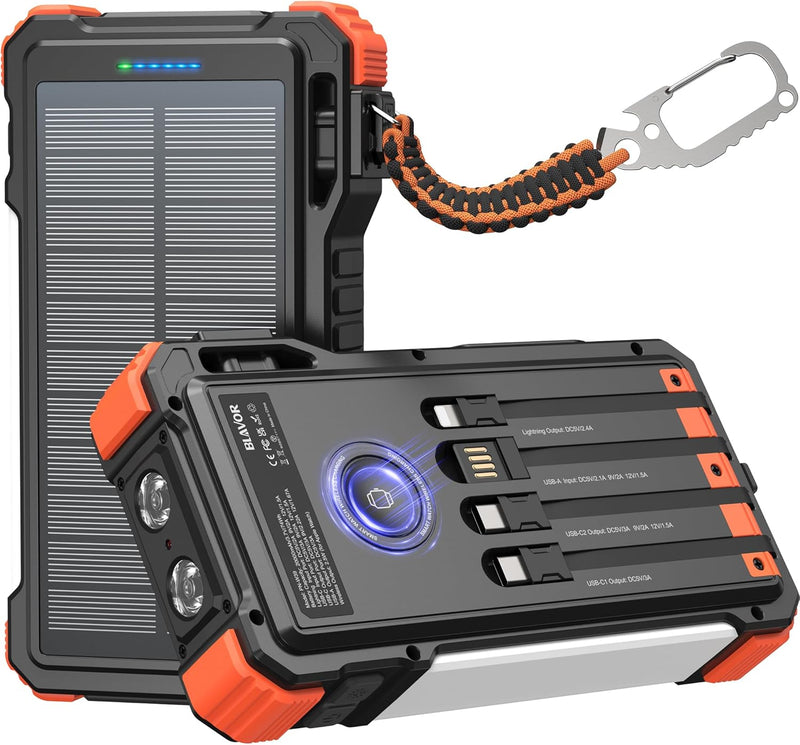 BLAVOR Solar Charger 20000mAh Built-in Cables, 20W Fast Charging Portable Power Bank with USB C, Camping Light, Flashlight, Battery Pack for iPhone 16 15 14 13 12 11, iPad, Samsung, Apple Watch