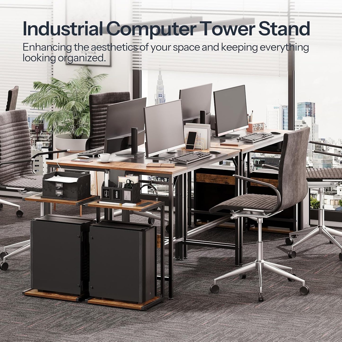 HOOBRO Computer Tower Stand, PC Stand with Charging Station, 2-Tier PC Tower Stand with Locking Caster Wheels, CPU Stand Fits Most PCs, for Floor, for Home Office Rustic Brown BF01UCJ01G1