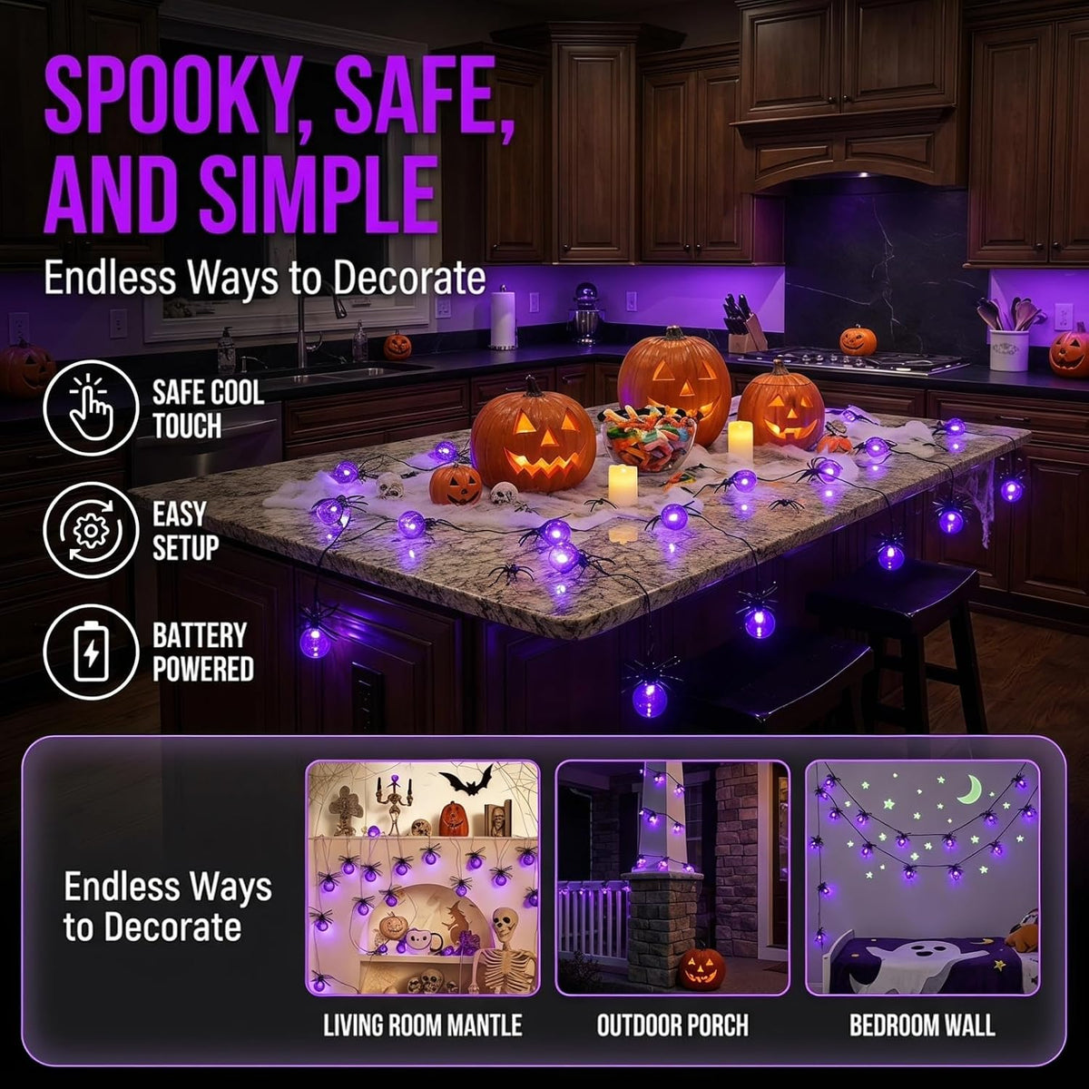 Halloween Lights Outdoor/Indoor,10FT 20LED Purple Spider String Lights