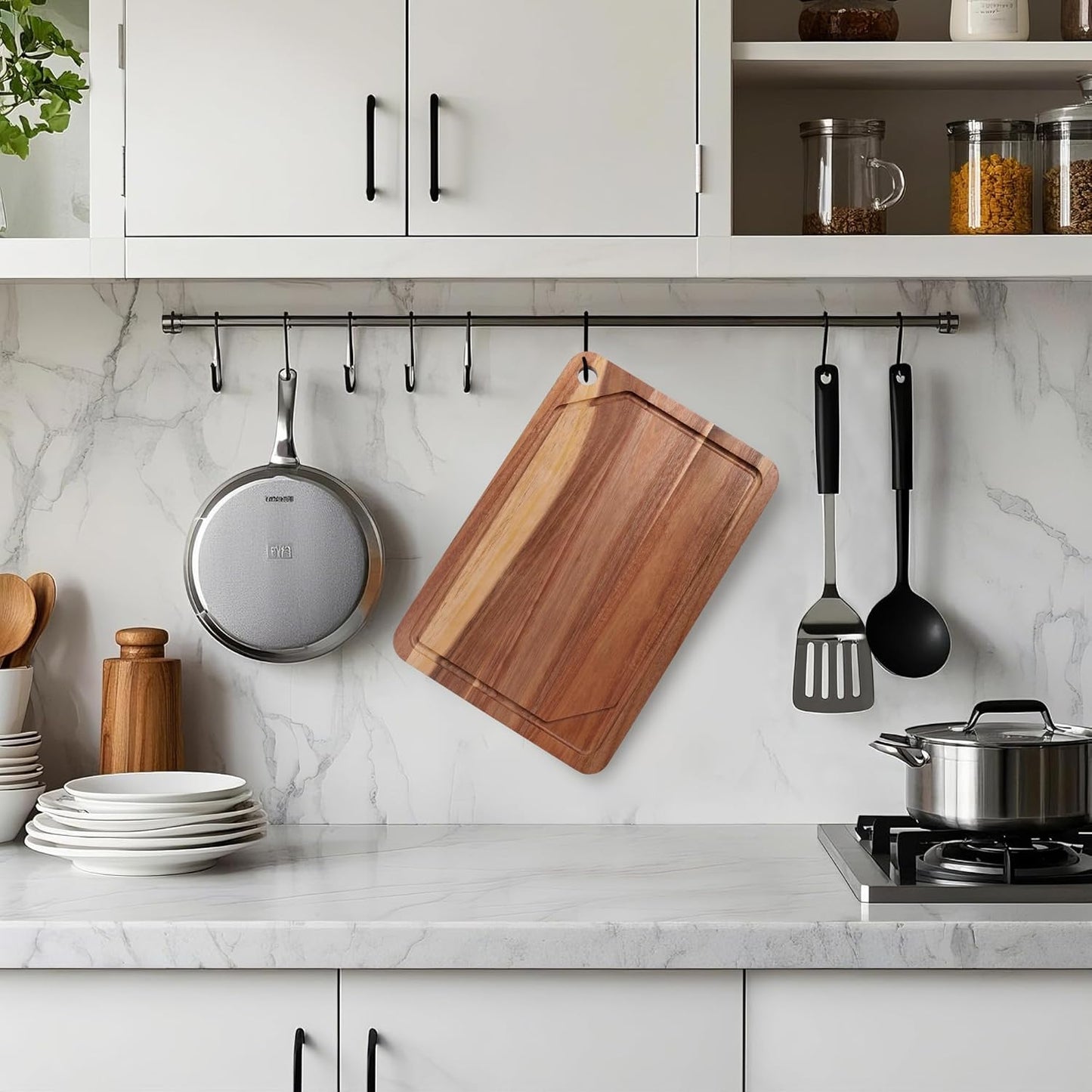 Bamboo Cutting Board for Kitchen, Bamboo Cutting Board Set of 3 with Juice Groove, Double-Sided Chopping Board Serving Board with Hanging Hole for Meat, Vegetables and Cheese