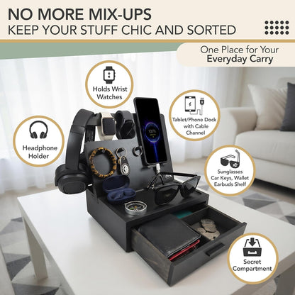 EcoLeafy Dot Nightstand Organizer with Drawer – Wooden Bedside Table Organizer for Phone, Watch, Sunglasses & Everyday Accessories - PuriLite