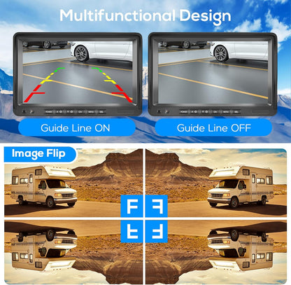 RV Wireless Backup Camera Podofo 7 inch Monitor AHD Waterproof Night Vision Trailer Rear View Camera DVR Dash Split Screen 4 Channels for Travel Trailer Truck Camper Bus Van Pickup with 32G Card