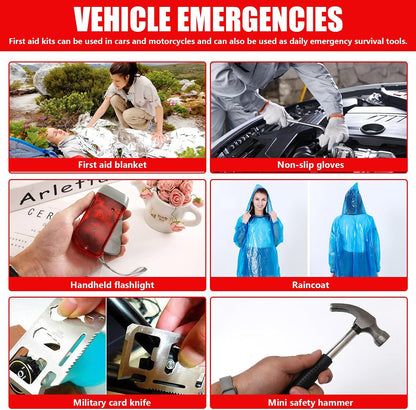 Car Emergency Kit with Tow Rope, Jumper Cables, Tire Repair & First Aid
