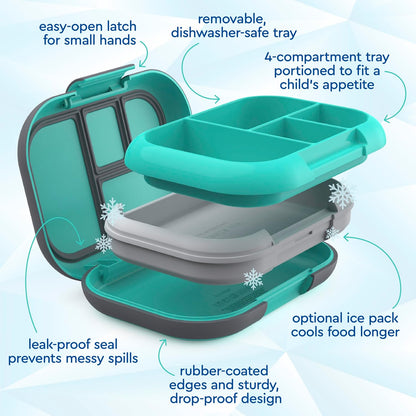 Bentgo Chill Kids Leak-Proof Lunch Box - 4-Compartment Bento Box with Built-In Ice Pack, 3.3 Cup Capacity, PFAS & BPA-Free, Microwave & Dishwasher Safe, Ideal Size for Ages 3 to 7 (Aqua)