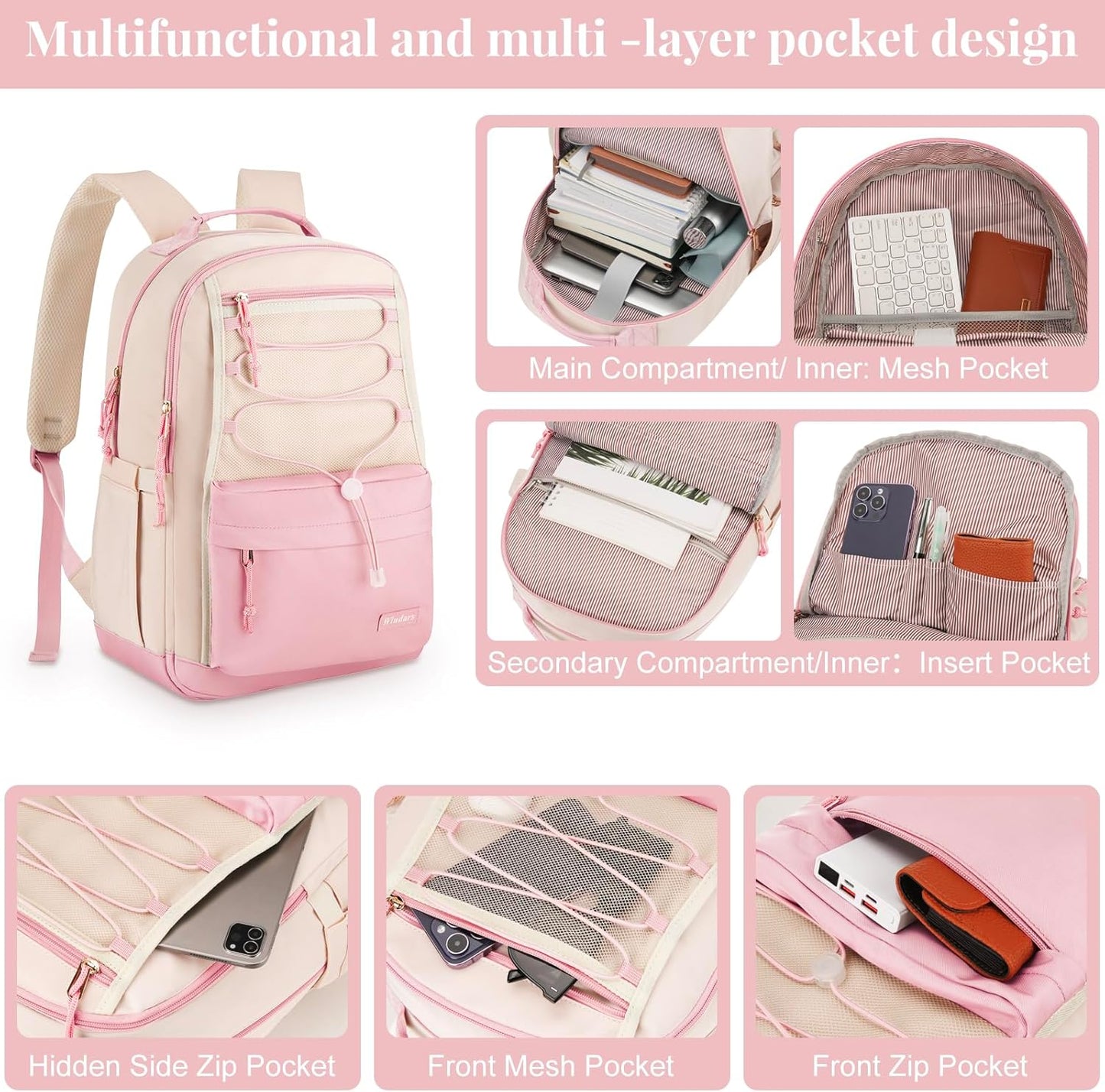 WINDARS School Backpack for Teens Girls, Aesthetic College Backpack Large Bookbag for Women Students Fashion 15.6 Inch Laptop Bag for Work Travel (Khaki Beige)