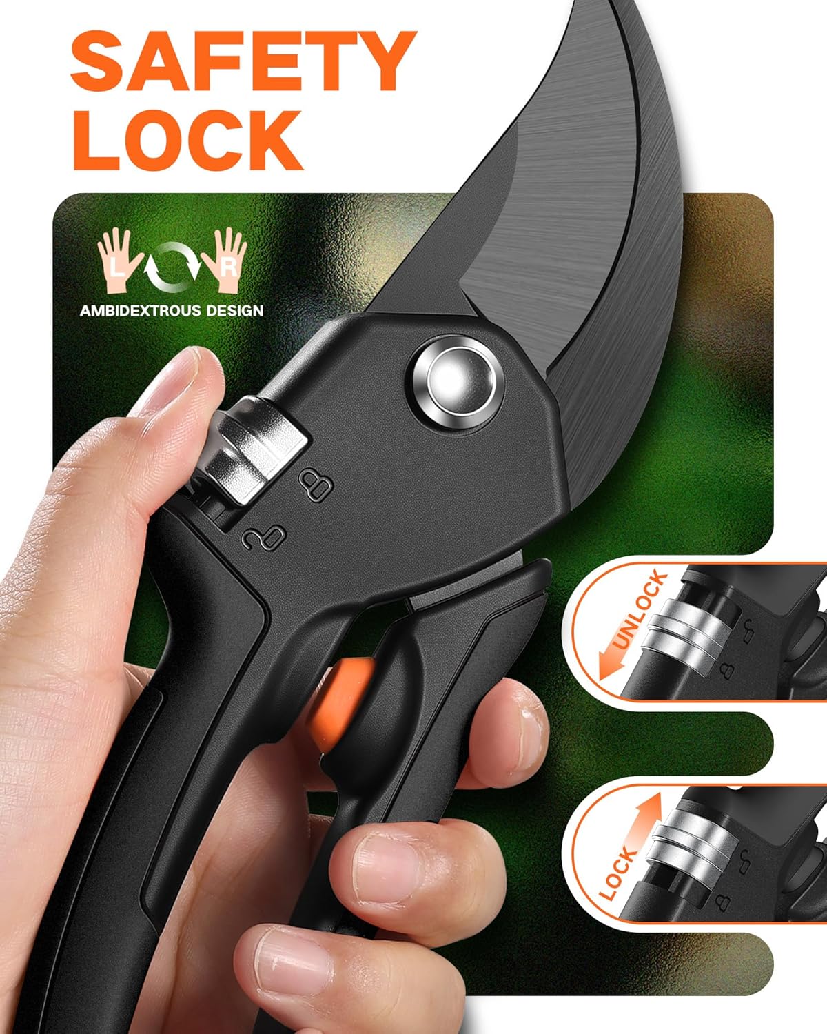 VOTREK Pruning Shears - 8.5" Heavy Duty Bypass Pruners for Gardening with Built-in Spring & SK5 Steel Blades - Ergonomic Adjustable Handle for All Hand Sizes, Garden Clipper Plant Scissors for Branch