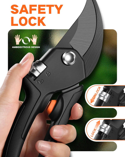 VOTREK Pruning Shears - 8.5" Heavy Duty Bypass Pruners for Gardening with Built-in Spring & SK5 Steel Blades - Ergonomic Adjustable Handle for All Hand Sizes, Garden Clipper Plant Scissors for Branch