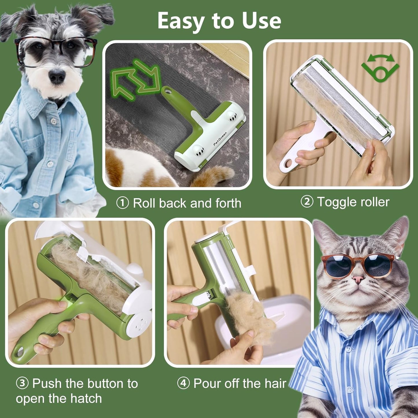 Pet Hair Remover Roller, Reusable Dog Cat Hair Removal Brush, Self Clean Lint Roller Pet Fur from Carpet, Furniture, Rugs, Bedding, Sofa-Green and White