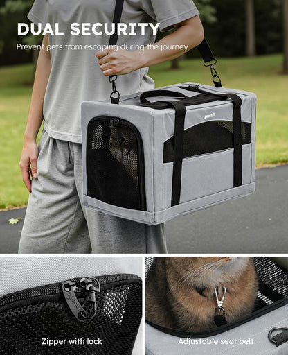 Pecute Cat Carrier Dog Carrier with Stable Structure, Breathable Mesh Fabric Pet Carrier for for Small Cats Dogs Puppies up to 5KG,Soft-Sided Dog Carrier Suitable for Both Long and Short Trips,Gray