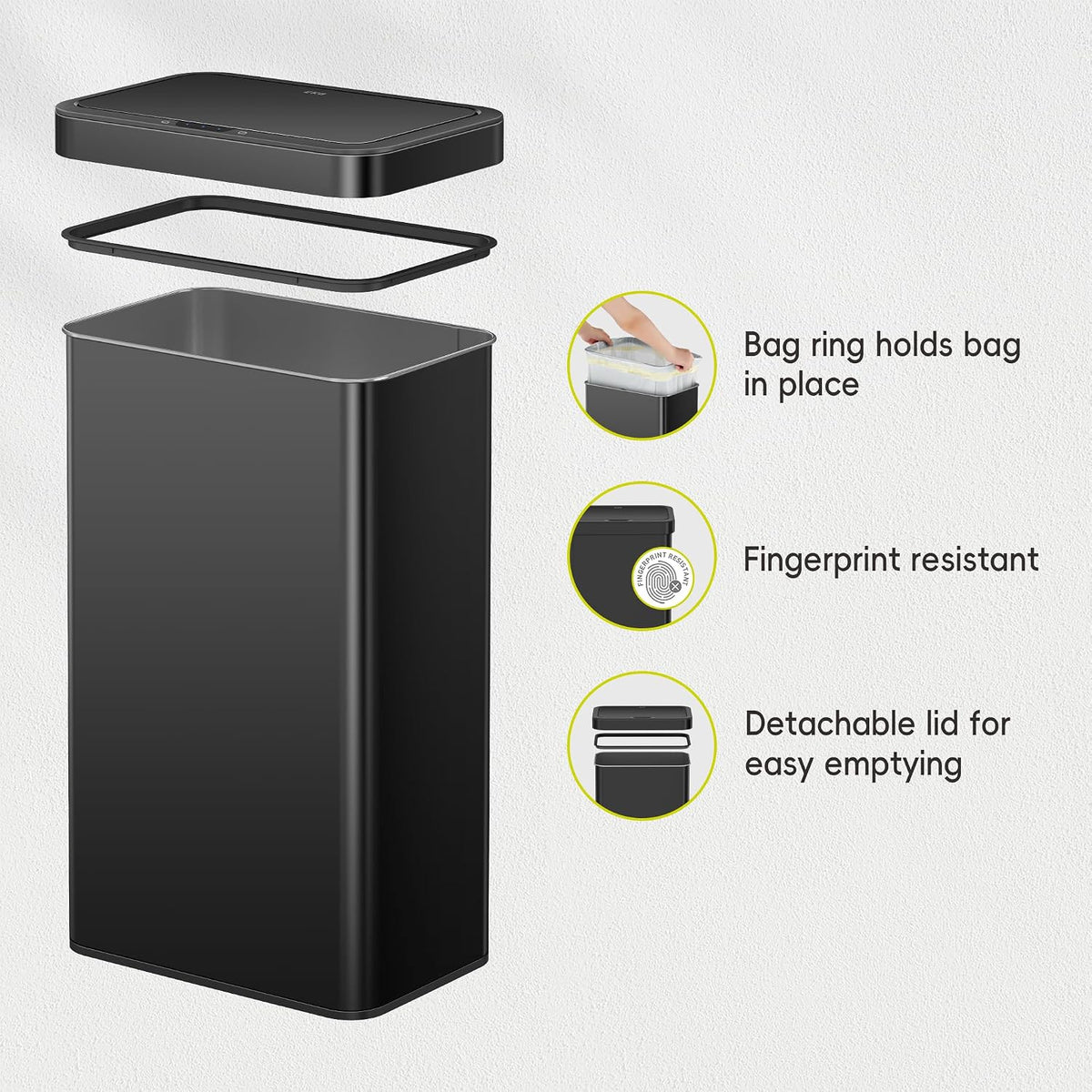 EKO Nova Sensor Trash Can, 21 Gallon/80 Liter Stainless Steel Rectangular Touchless Motion Sensor Trash Can, Matte Black