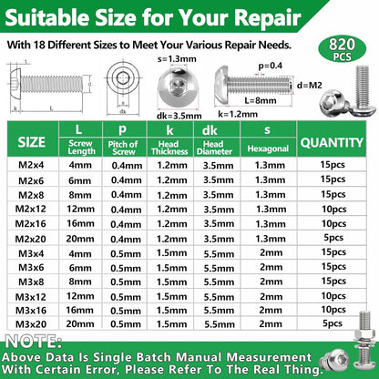 860PCS Metric Screw Assortment Kit, M2 M3 M4 M5 Machine Screws with Lock & Flat Washers, 10.9 Grade Alloy Steel, Metric Hex Button Head Cap Nuts and Bolts Assortment Kit with 4 Wrenches