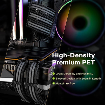 EZDIY-FAB PSU Extension Cable Sleeved Custom Mod PC Power Supply Cable, Soft Nylon Braided with Comb Kit 24PIN/8PIN to 6+2Pin/ 8PIN to 4+4PIN-30CM 300MM - All White Edition